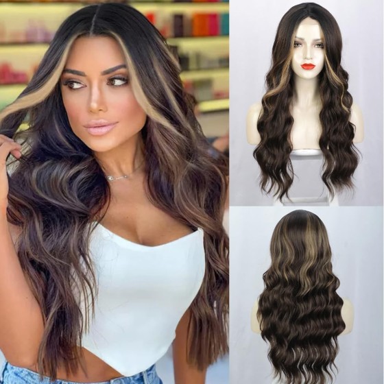 KAMA U-Part Lace Front Long Wigs For Women Middle Part Wavy Curly Wig With Dark Roots Synthetic Heat Resistant Fiber Wig For Daily Party Use (Brown Blonde Highlighted)