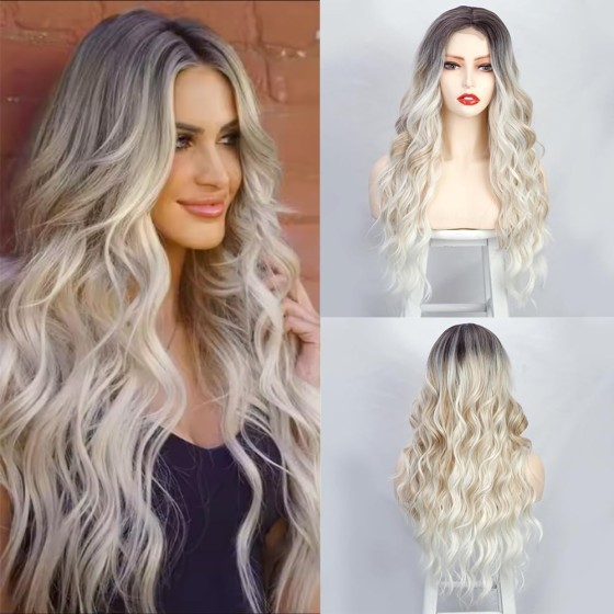 KAMA U-Part Lace Front Long Wigs For Women Middle Part Wavy Curly Wig With Dark Roots Synthetic Heat Resistant Fiber Wig For Daily Party Use (Platinum Blonde)