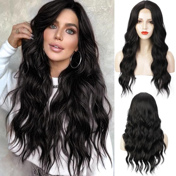KAMA U-Part Lace Front Long Wigs For Women Middle Part Wavy Curly Wig With Dark Roots Synthetic Heat Resistant Fiber Wig For Daily Party Use (1B-Black)